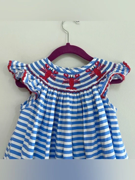 Classic Whimsy Lobster Treasures Smocked Blue Striped Angel Sleeve Dress, 4T - Picture 3 of 7
